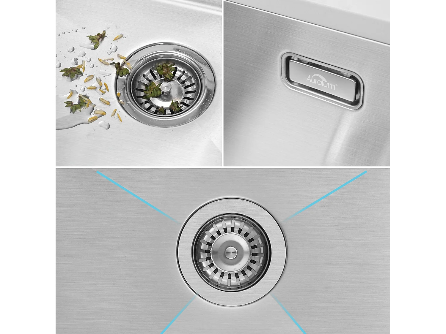 AuraLum Max Évier de Cuisine 1 Bac 55*44*19CM, à Encastrer/Fleur/ Sous-Plan,Brossé+Robinet Cuisine Douchette Extractible Gris Foncé Rotatif 360 °