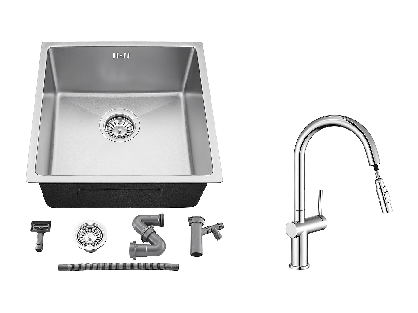 Évier Encastré 44x44x20CM- Évier de Cuisine 1 Bac en Acier Inoxydable 304,Argent+robinet de cuisine rétractable à deux fonctions, chromé