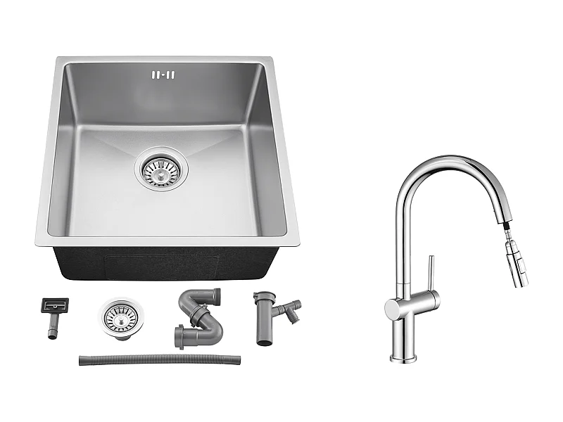 Évier Encastré 44x44x20CM- Évier de Cuisine 1 Bac en Acier Inoxydable 304,Argent+robinet de cuisine rétractable à deux fonctions, chromé