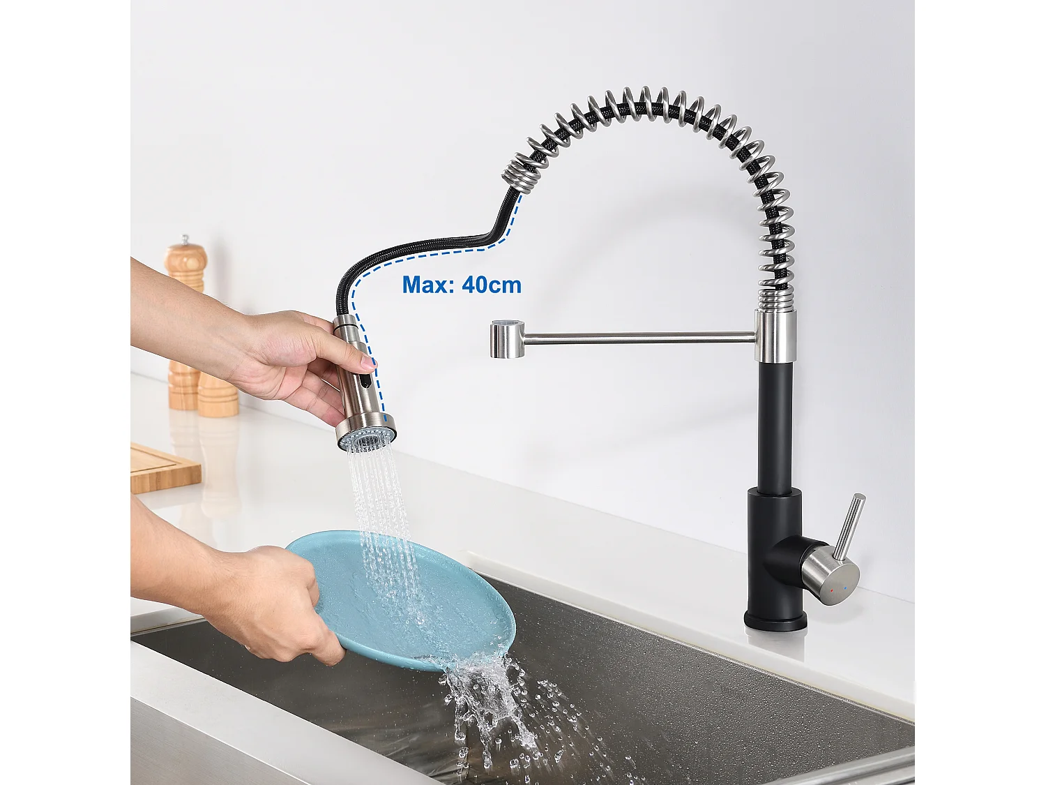 Évier Cuisine 1 Bac 45x45CM Acier Inoxydable 304 ,encastré et à Poser+Robinet Cuisine Ressort avec Douchette Extensible,2 Modes,Noir