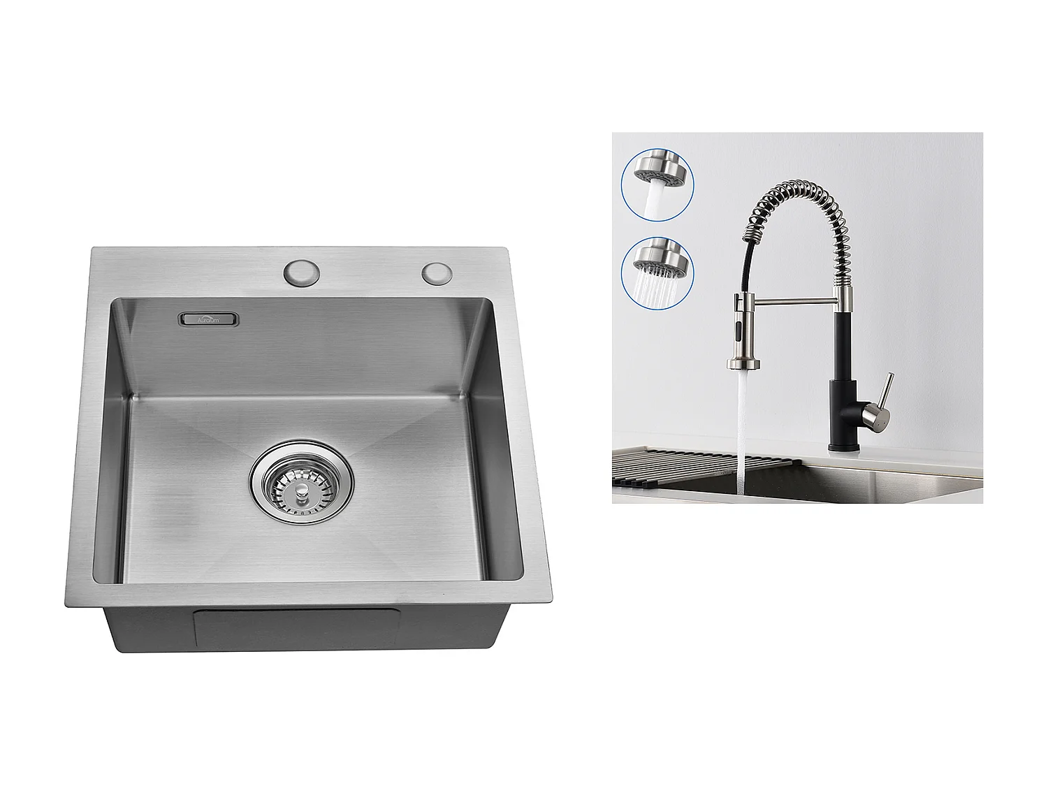 Évier Cuisine 1 Bac 45x45CM Acier Inoxydable 304 ,encastré et à Poser+Robinet Cuisine Ressort avec Douchette Extensible,2 Modes,Noir