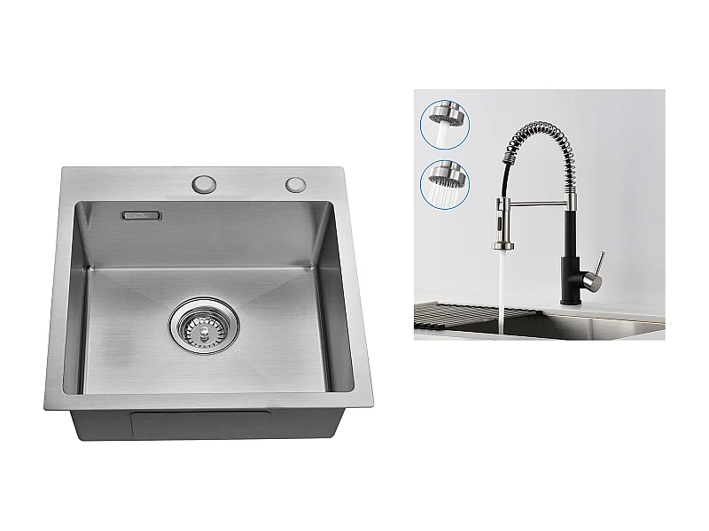 Évier Cuisine 1 Bac 45x45CM Acier Inoxydable 304 ,encastré et à Poser+Robinet Cuisine Ressort avec Douchette Extensible,2 Modes,Noir