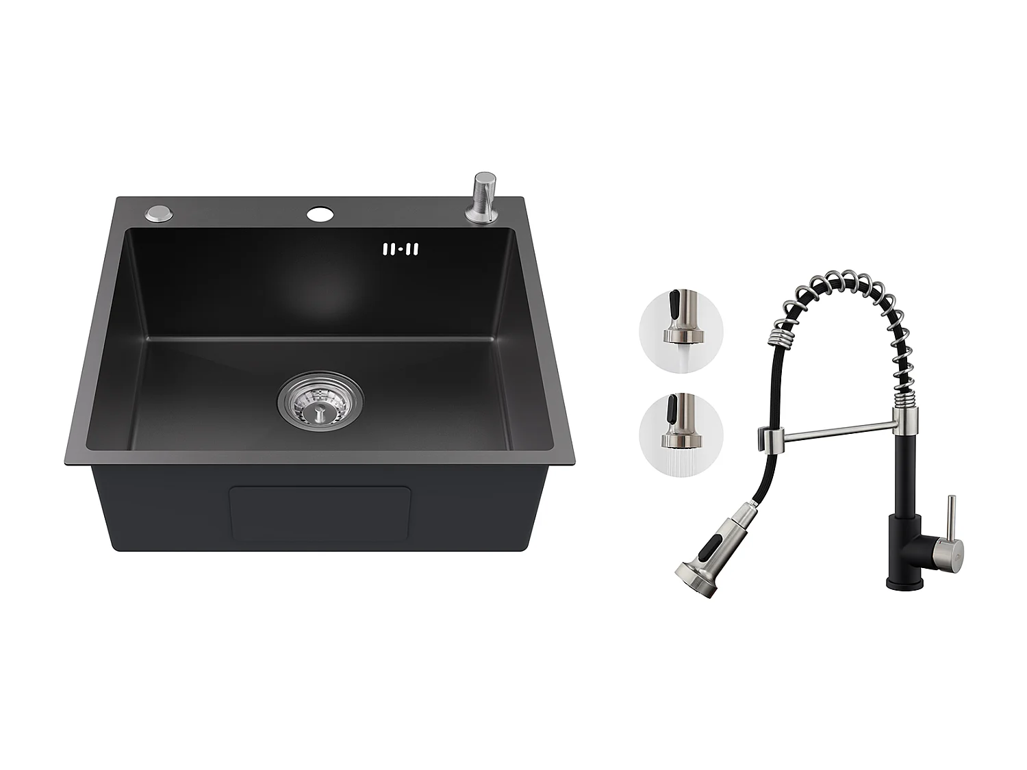 Evier Cuisine 1 Bac 54*49*20 CM,en Inox,Noir Gris,Evier avec Distributeur Savon+Robinet Cuisine Ressort avec Douchette Extensible,2 Modes,Noir