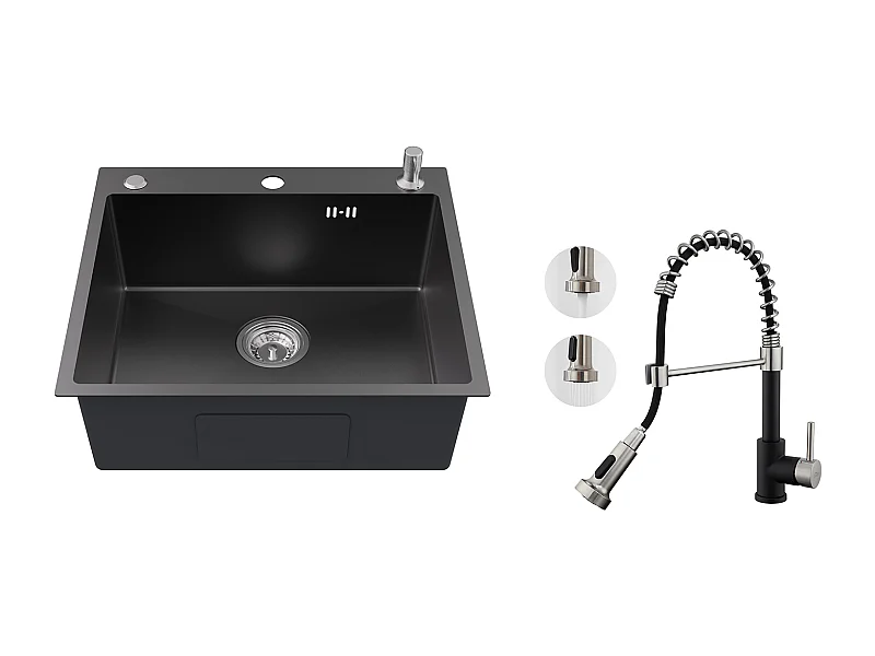 Evier Cuisine 1 Bac 54*49*20 CM,en Inox,Noir Gris,Evier avec Distributeur Savon+Robinet Cuisine Ressort avec Douchette Extensible,2 Modes,Noir