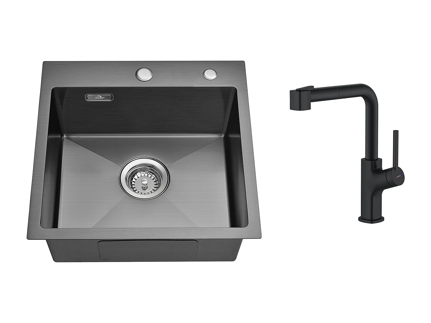 Lavello Cucina Nero 1 vasca  45x45CMAcciaio inossidabile 304, incassato e da posare + Rubinetto da cucina nero con doccia estraibile