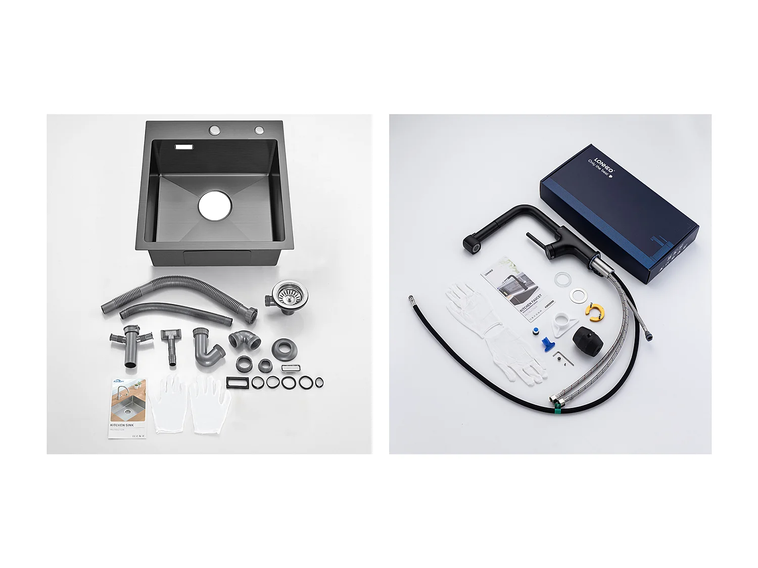 Lavello Cucina Nero 1 vasca  45x45CMAcciaio inossidabile 304, incassato e da posare + Rubinetto da cucina nero con doccia estraibile