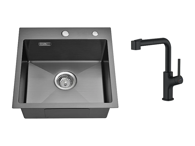 Lavello Cucina Nero 1 vasca  45x45CMAcciaio inossidabile 304, incassato e da posare + Rubinetto da cucina nero con doccia estraibile
