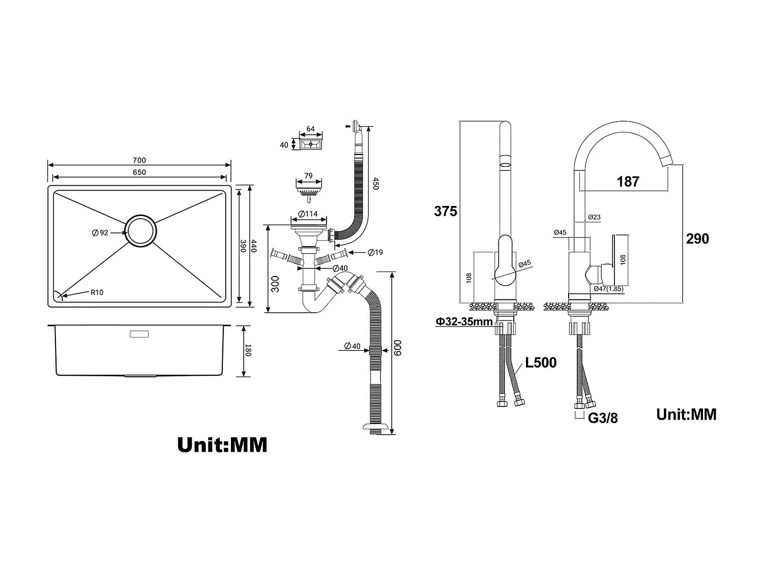 Évier Cuisine 1 Bac 70*44*19CM,à Encastrer/Fleur/Sous-Plan,avec Siphon/Trop-Plein+Robinet Cuisine Pivotant à 360° avec Eau Chaude/Froide, Chromé