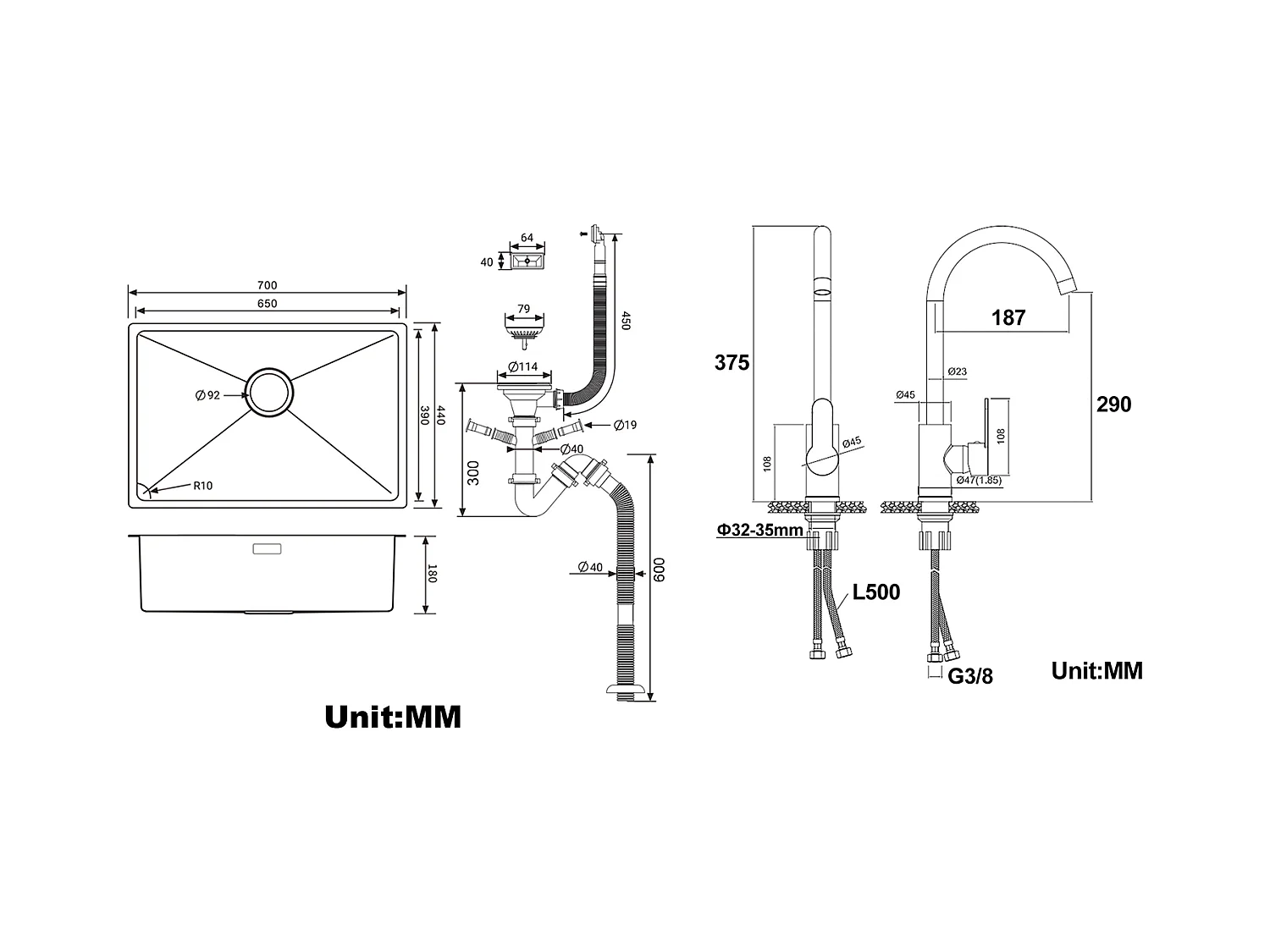 Évier Cuisine 1 Bac 70*44*19CM,à Encastrer/Fleur/Sous-Plan,avec Siphon/Trop-Plein+Robinet Cuisine Pivotant à 360° avec Eau Chaude/Froide, Chromé