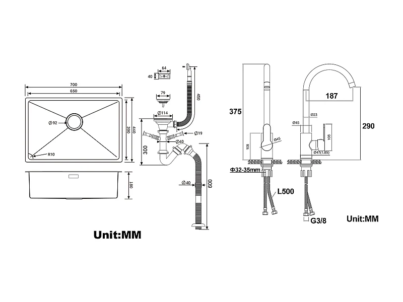 Évier Cuisine 1 Bac 70*44*19CM,à Encastrer/Fleur/Sous-Plan,avec Siphon/Trop-Plein+Robinet Cuisine Pivotant à 360° avec Eau Chaude/Froide, Chromé