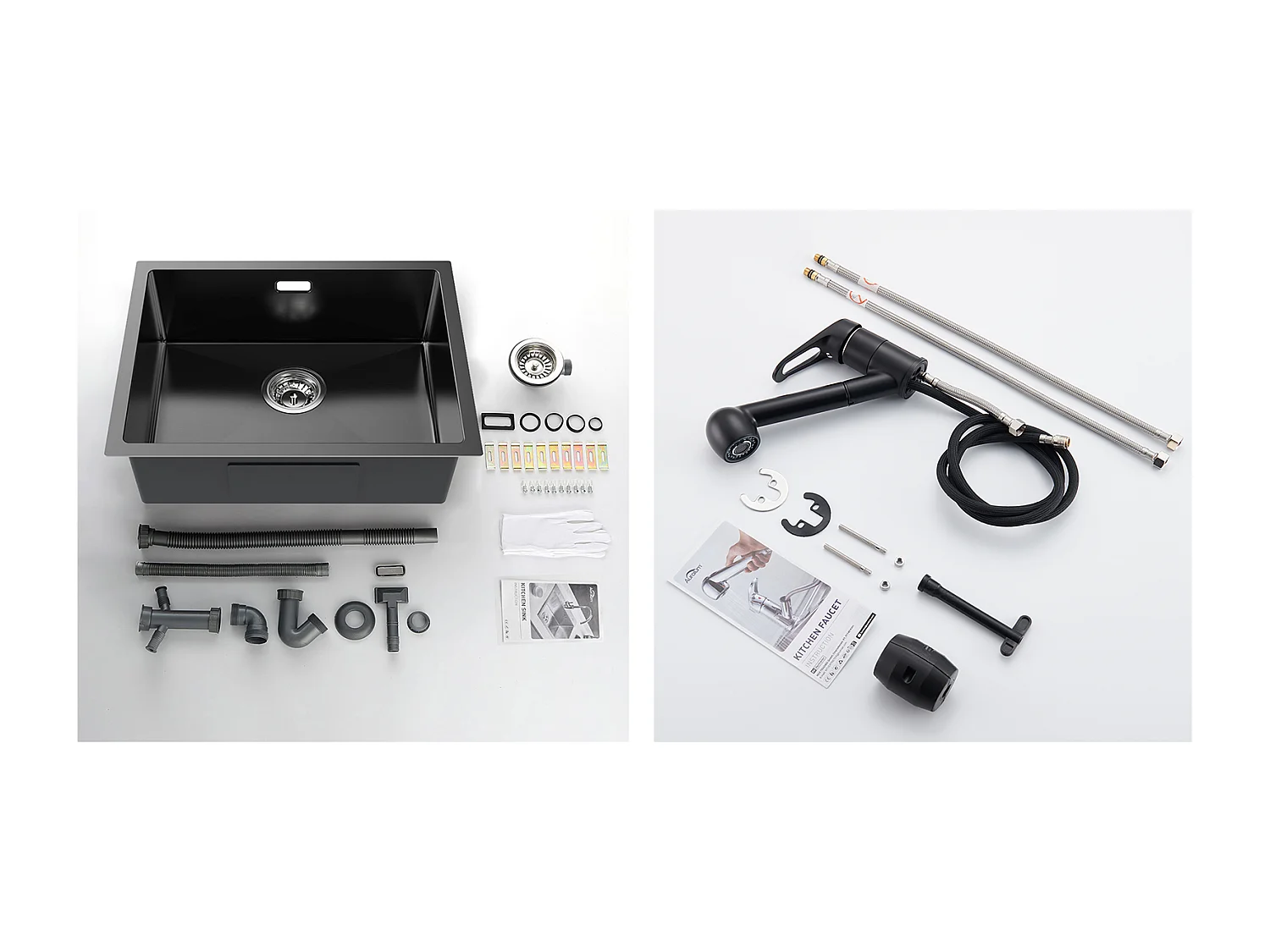 Évier Cuisine 1 Bac 55*44*19CM, à Encastrer/Fleur/ Sous-Plan,Noir+Robinet Cuisine Noir avec Douchette Extractible 2 Jets à 360°