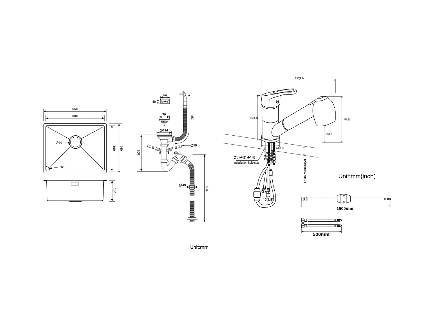 Évier Cuisine 1 Bac 55*44*19CM, à Encastrer/Fleur/ Sous-Plan,Noir+Robinet Cuisine Noir avec Douchette Extractible 2 Jets à 360°