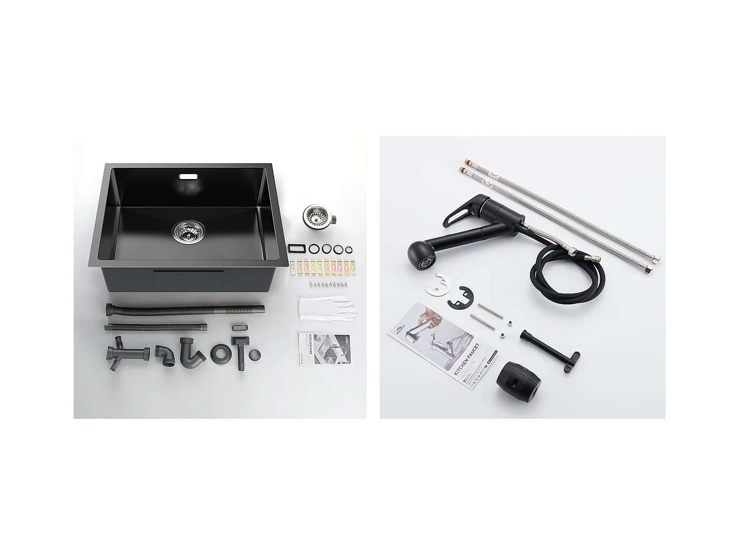 Évier Cuisine 1 Bac 55*44*19CM, à Encastrer/Fleur/ Sous-Plan,Noir+Robinet Cuisine Noir avec Douchette Extractible 2 Jets à 360°