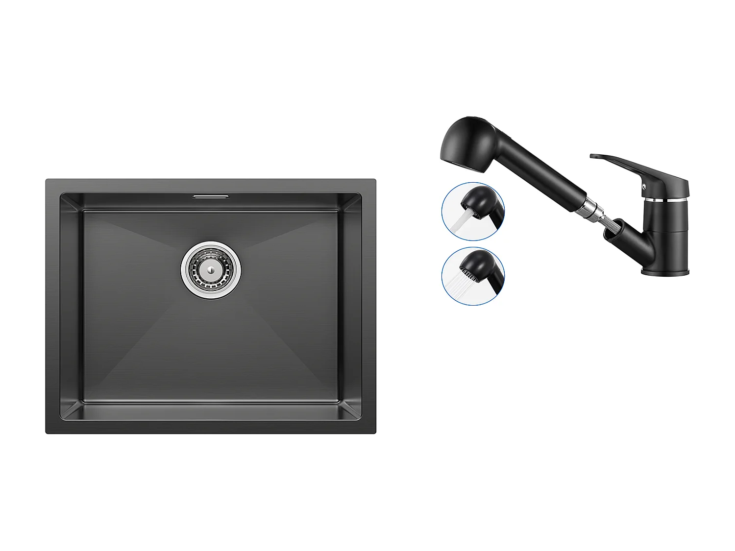 55 * 44 * 19 cm Einzelbecken-Küchenspüle, Einbau-/Blumen-/Unterbauspüle, schwarz + schwarzer Küchenhahn mit ausziehbarer Brause, 2 Düsen bei 360 °