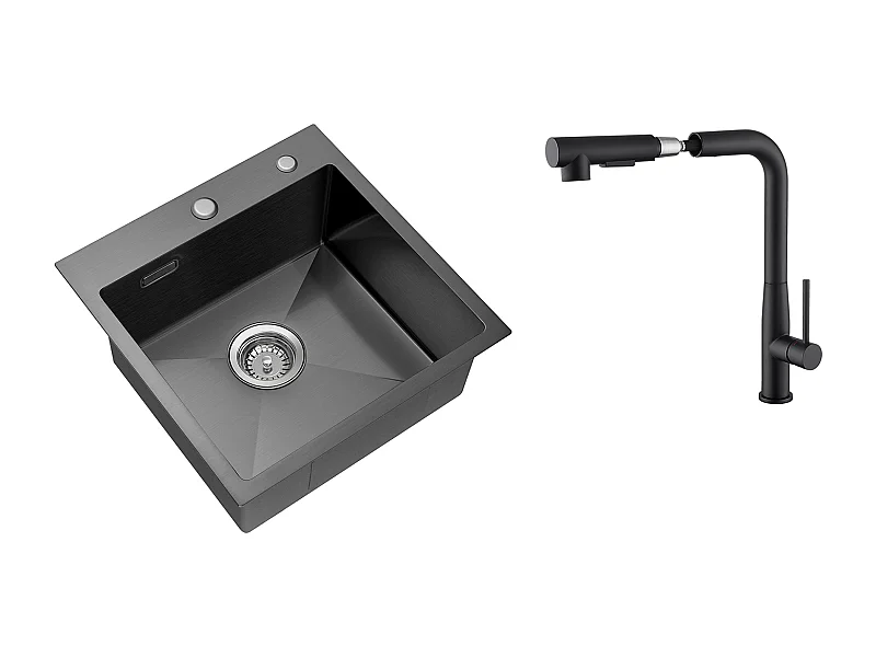 Évier Cuisine Noir 1 Bac 45x45CM Inox ,encastré/à Poser+Robinet Cuisine avec Douchette Extractible Rotatif 360°,Eau Froide et Chaunde,Noir