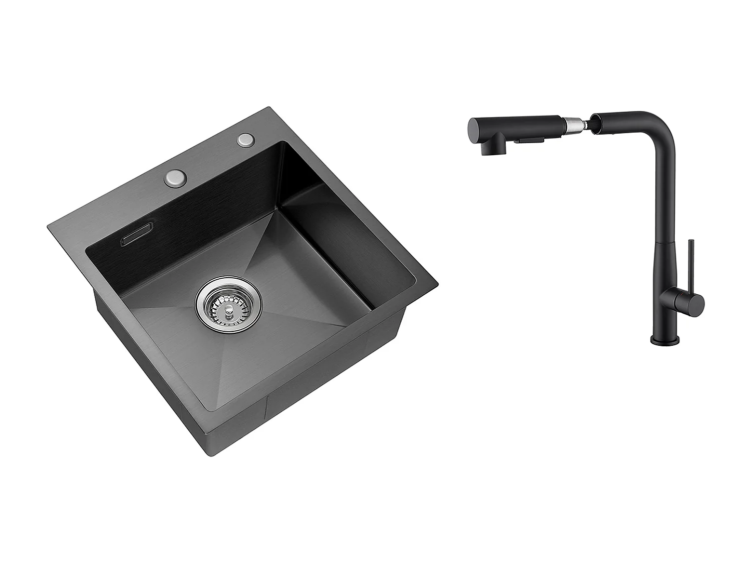 Évier Cuisine Noir 1 Bac 45x45CM Inox ,encastré/à Poser+Robinet Cuisine avec Douchette Extractible Rotatif 360°,Eau Froide et Chaunde,Noir