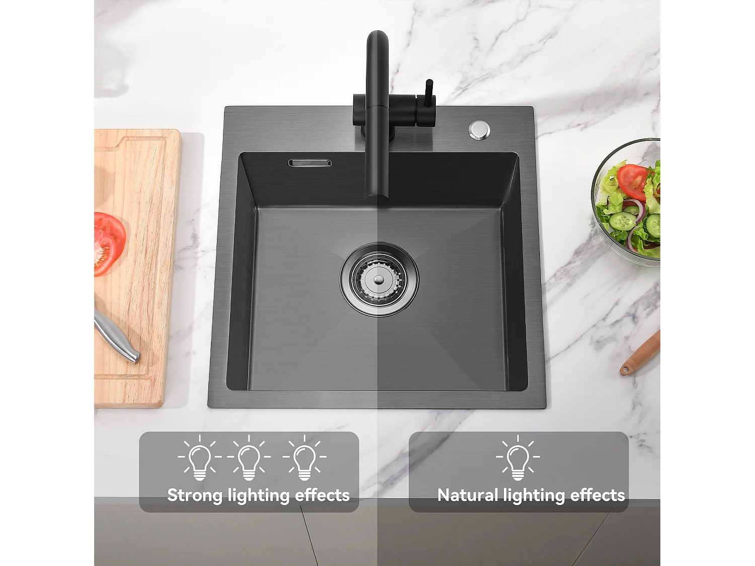 Évier Cuisine Noir 1 Bac 45x45CM Inox ,encastré/à Poser+Robinet Cuisine avec Douchette Extractible Rotatif 360°,Eau Froide et Chaunde,Noir