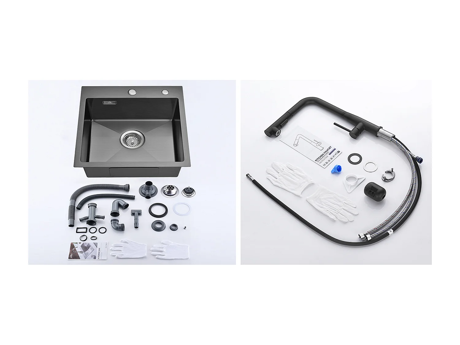 Évier Cuisine Noir 1 Bac 45x45CM Inox ,encastré/à Poser+Robinet Cuisine avec Douchette Extractible Rotatif 360°,Eau Froide et Chaunde,Noir