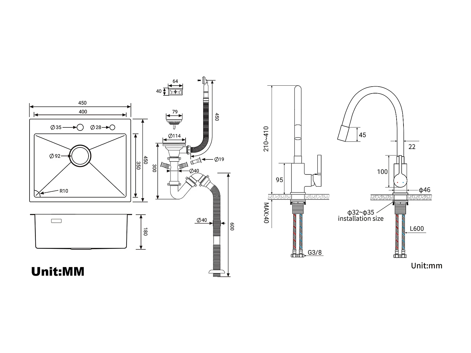 Évier Cuisine Noir  1 Bac 45x45CM Acier Inoxydable 304 ,encastré et à Poser+Robinet de Cuisine Flexible Bec Haut Orientable