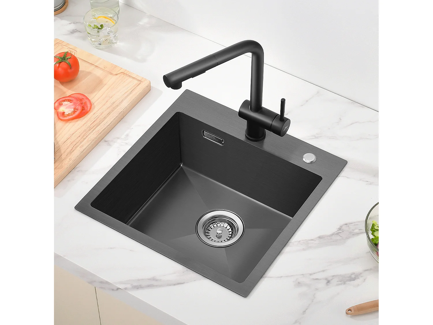 Évier Cuisine Noir  1 Bac 45x45CM Acier Inoxydable 304 ,encastré et à Poser+Robinet de Cuisine Flexible Bec Haut Orientable