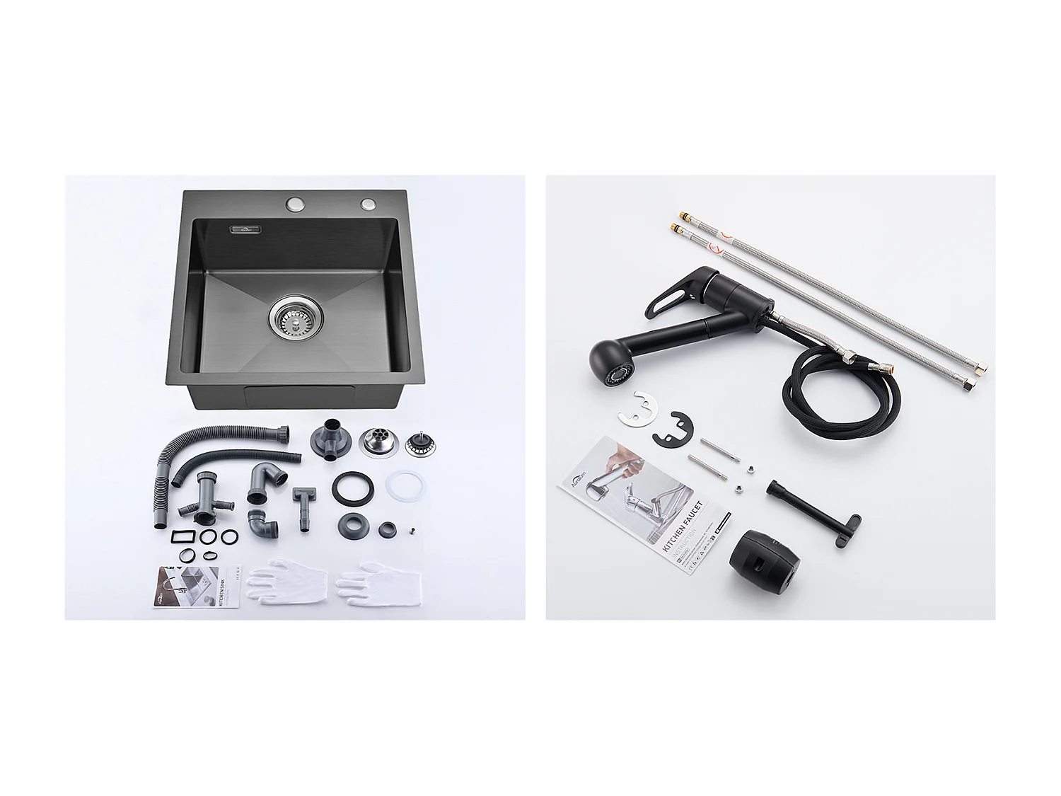 1 Spülbecken, 45 x 45 cm, Edelstahl 304, Einbau- und Arbeitsplattenspüle + schwarzer Küchenhahn mit ausziehbarer Brause, 2 360°-Messingdüsen