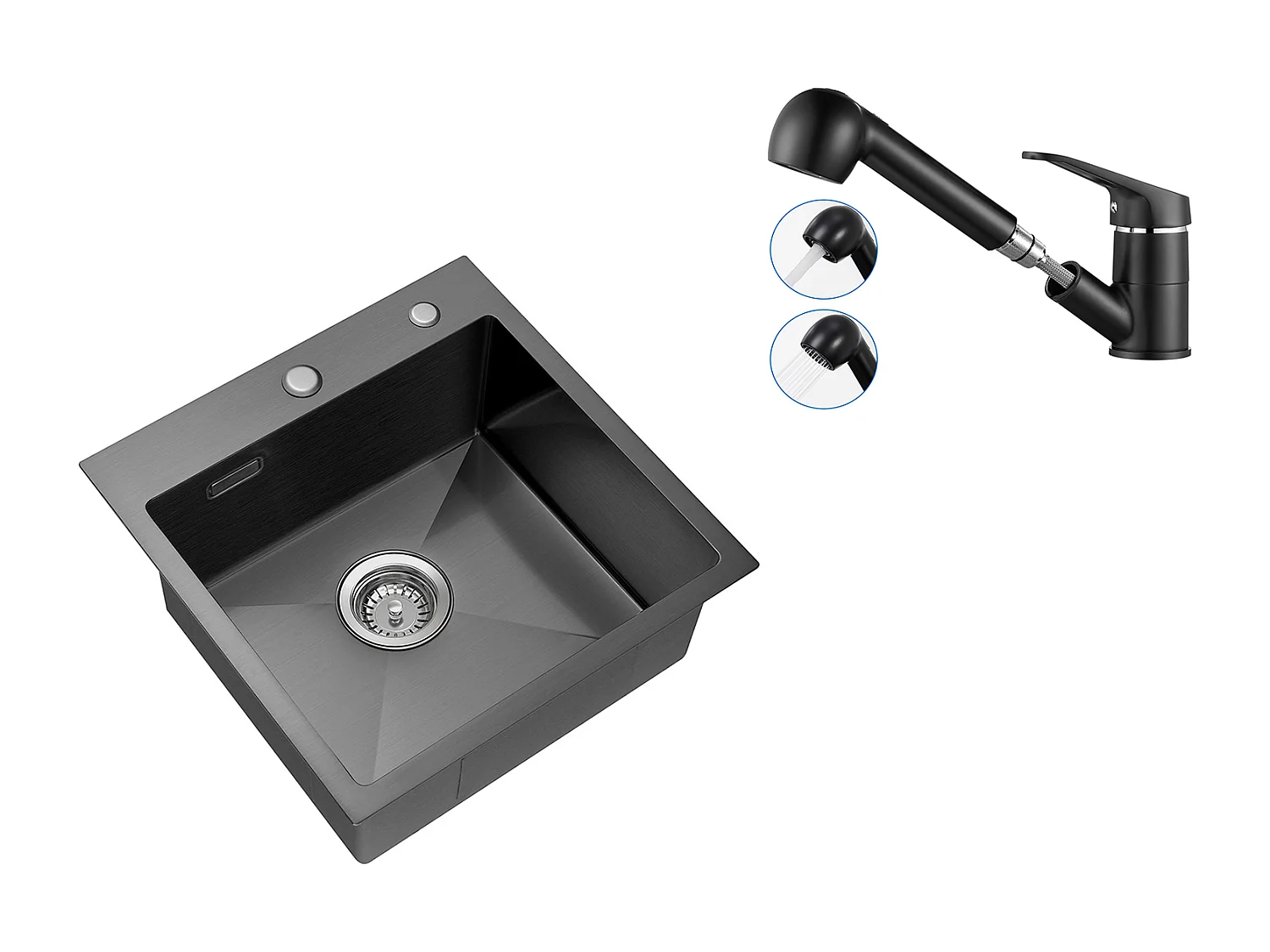 Évier Cuisine 1 Bac 45x45CM Acier Inoxydable 304,encastré et à Posern+Robinet Cuisine Noir avec Douchette Extractible 2 Jets à 360° en Laiton