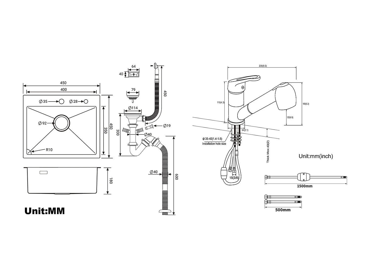 Évier Cuisine 1 Bac 45x45CM Acier Inoxydable 304,encastré et à Posern+Robinet Cuisine Noir avec Douchette Extractible 2 Jets à 360° en Laiton