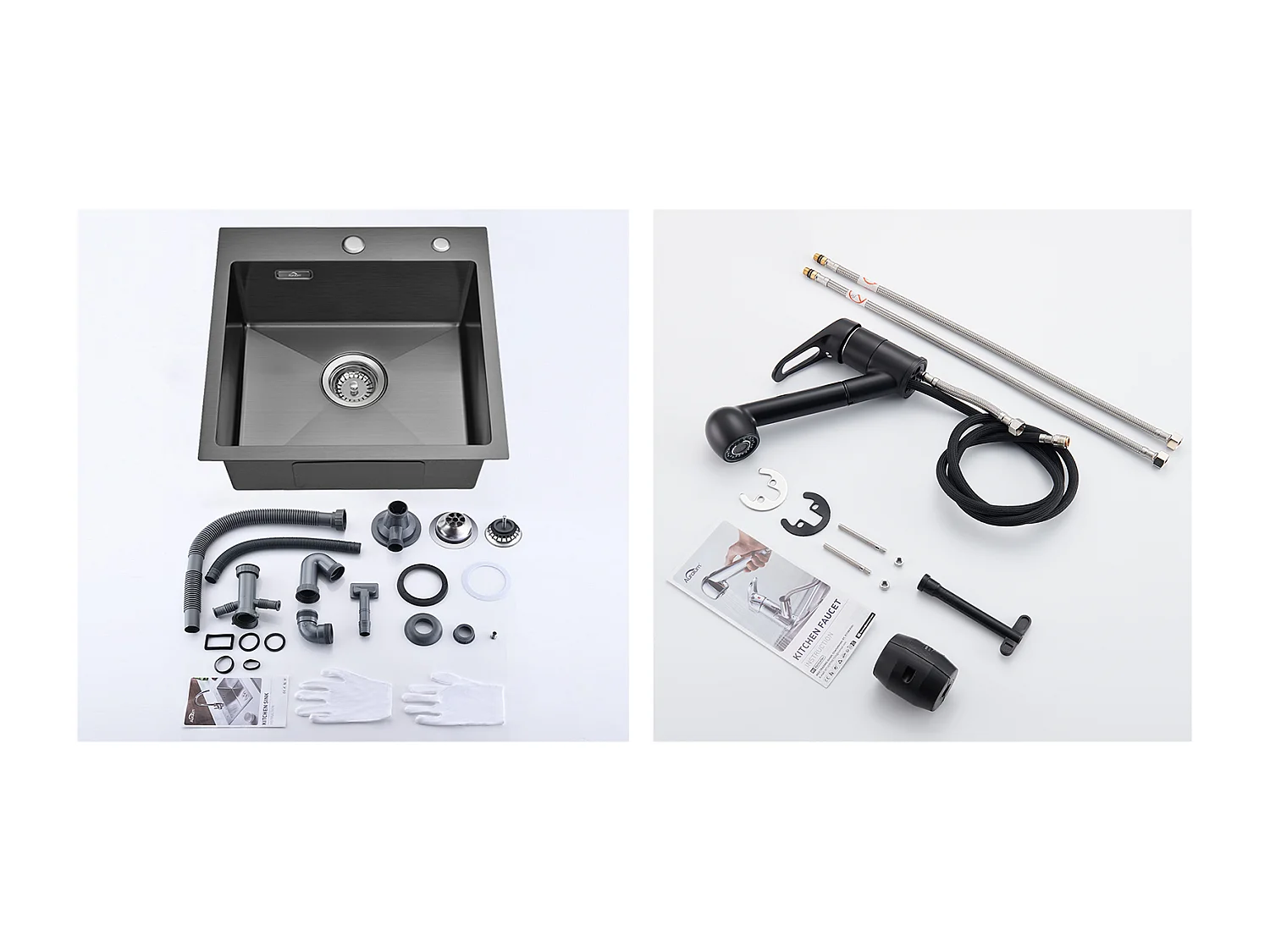 Évier Cuisine 1 Bac 45x45CM Acier Inoxydable 304,encastré et à Posern+Robinet Cuisine Noir avec Douchette Extractible 2 Jets à 360° en Laiton