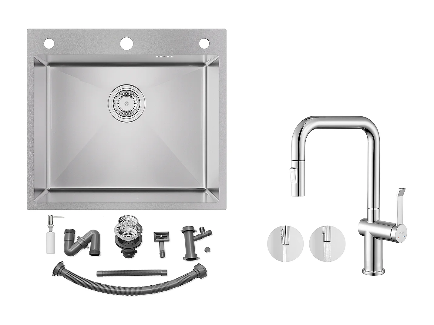 Evier Cuisine 54*49*20 CM,à Encastrer/à Fleur de Plan avec Distributeur Savon,Argent+Robinet de Cuisine avec Douchette Extractible,Chromé