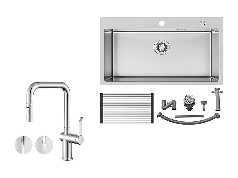 Auralum MAX Küchenspüle 1 Becken Edelstahl gebürstet 75*45*19CM - Spüle mit faltbarer Abtropffläche + Küchenarmatur mit 360° drehbarer Ausziehbrause, Chrom