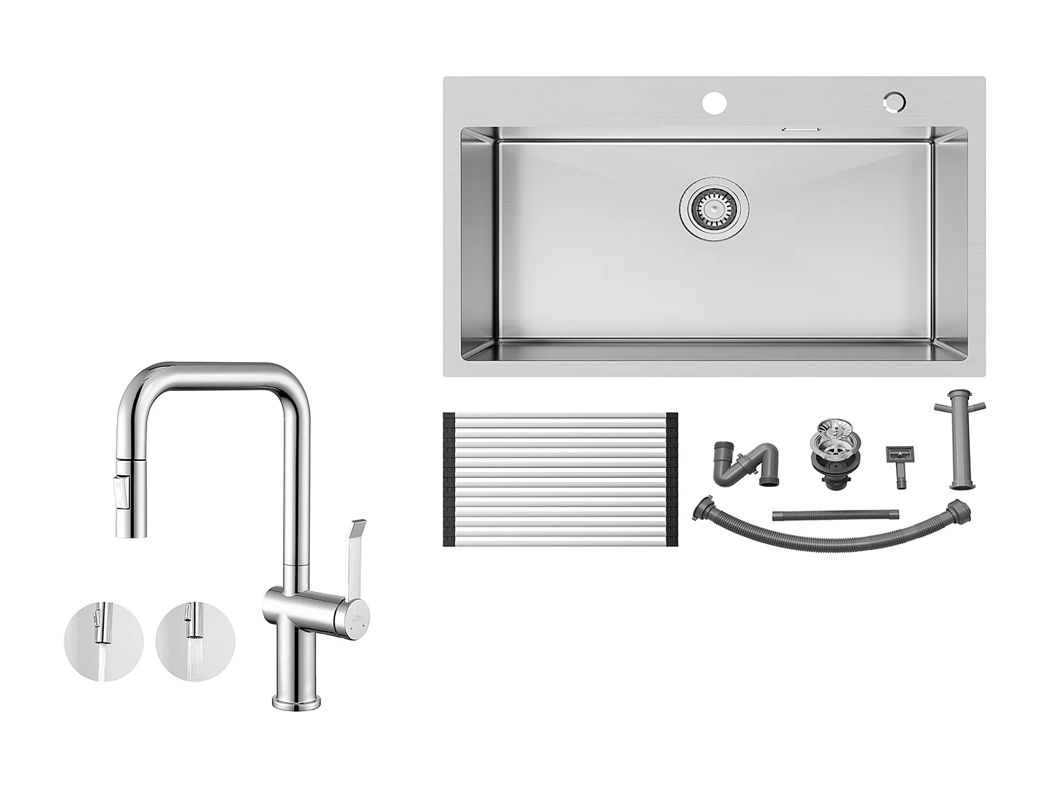 Auralum MAX Küchenspüle 1 Becken Edelstahl gebürstet 75*45*19CM - Spüle mit faltbarer Abtropffläche + Küchenarmatur mit 360° drehbarer Ausziehbrause, Chrom