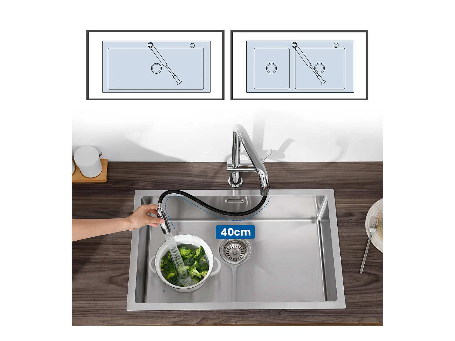 Auralum MAX Évier Cuisine 1 Cuve Inox Brossé75*45*19CM-Évier avec Égouttoir pliable+Robinet Cuisine avec Douchette Extractible Rotatif 360 °,Chromé