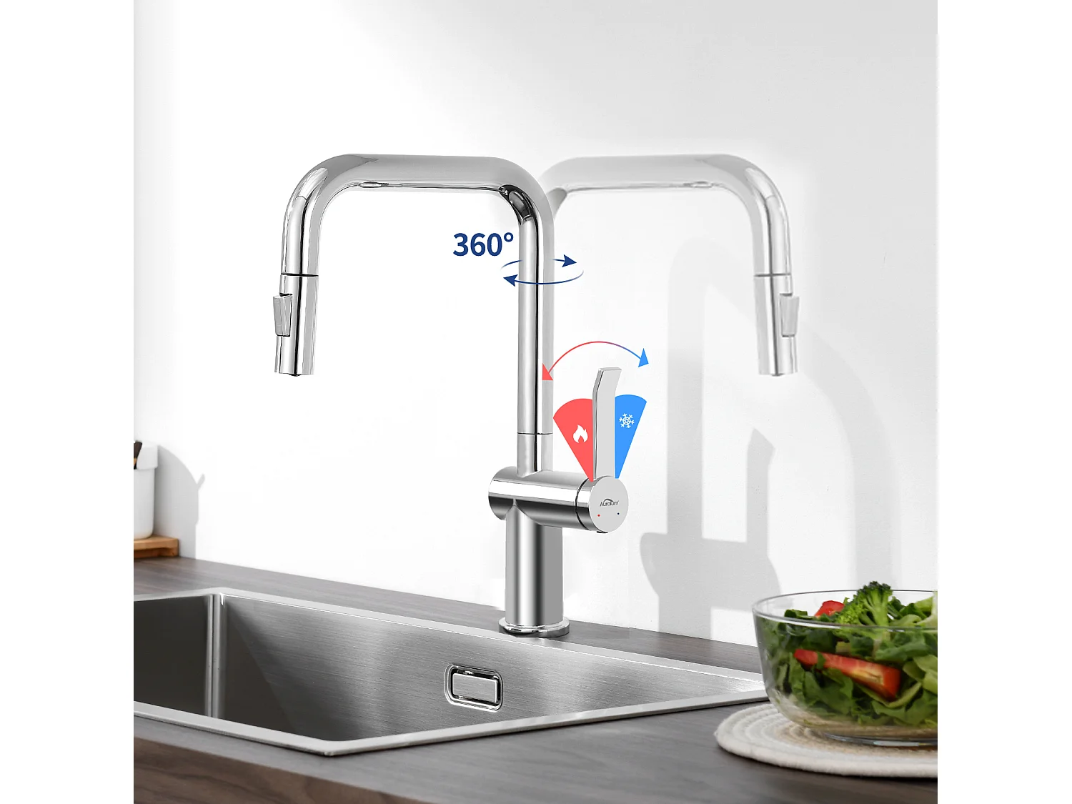 Auralum MAX Évier Cuisine 1 Cuve Inox Brossé75*45*19CM-Évier avec Égouttoir pliable+Robinet Cuisine avec Douchette Extractible Rotatif 360 °,Chromé