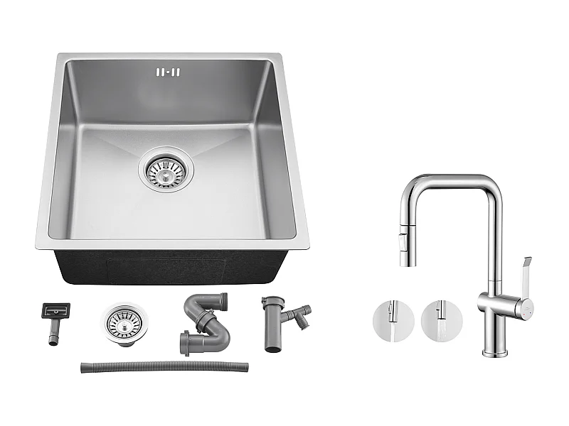 Évier Encastré 44x44x20CM,Évier Cuisine 1 Bac en Inox,Argent+Robinet Cuisine avec Douchette Extractible Rotatif 360 °,2 Fonctions,Chromé