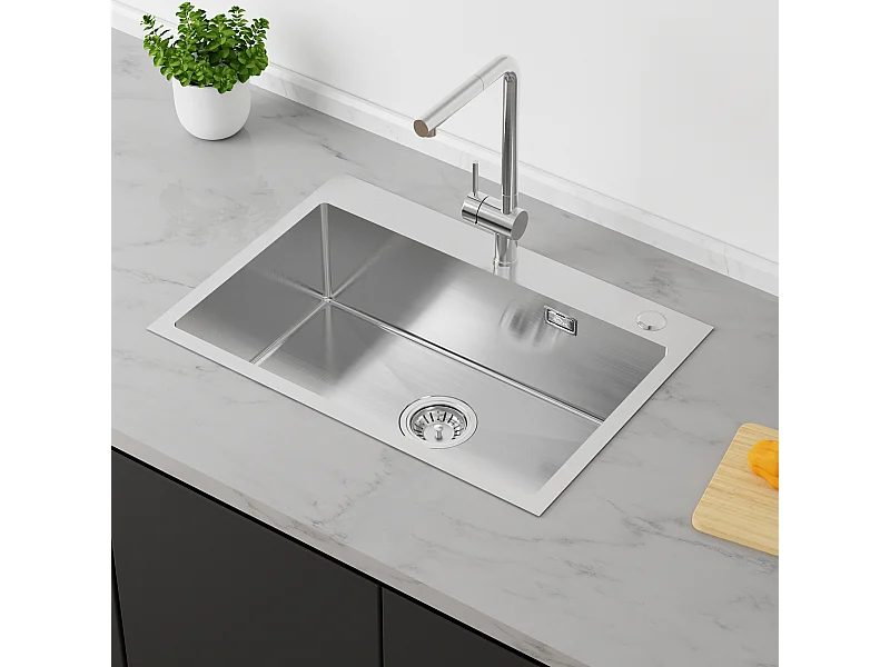 Lavello Cucina 1 Vassoio Inossidabile 304 Spazzolato 65x45CM Lavello da incassoRé/da Posare Lavello con Foro di Montaggio per Rubinetto,Modello UE