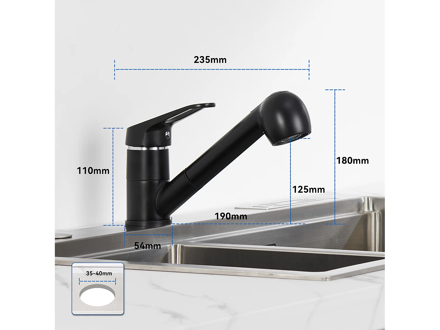 Küchenspüle 1 Becken 54*49*20 CM, Edelstahl, Schwarzgrau, Spüle mit Seifenspender + Küchenarmatur mit 360° drehbarer Ausziehbrause, Schwarz