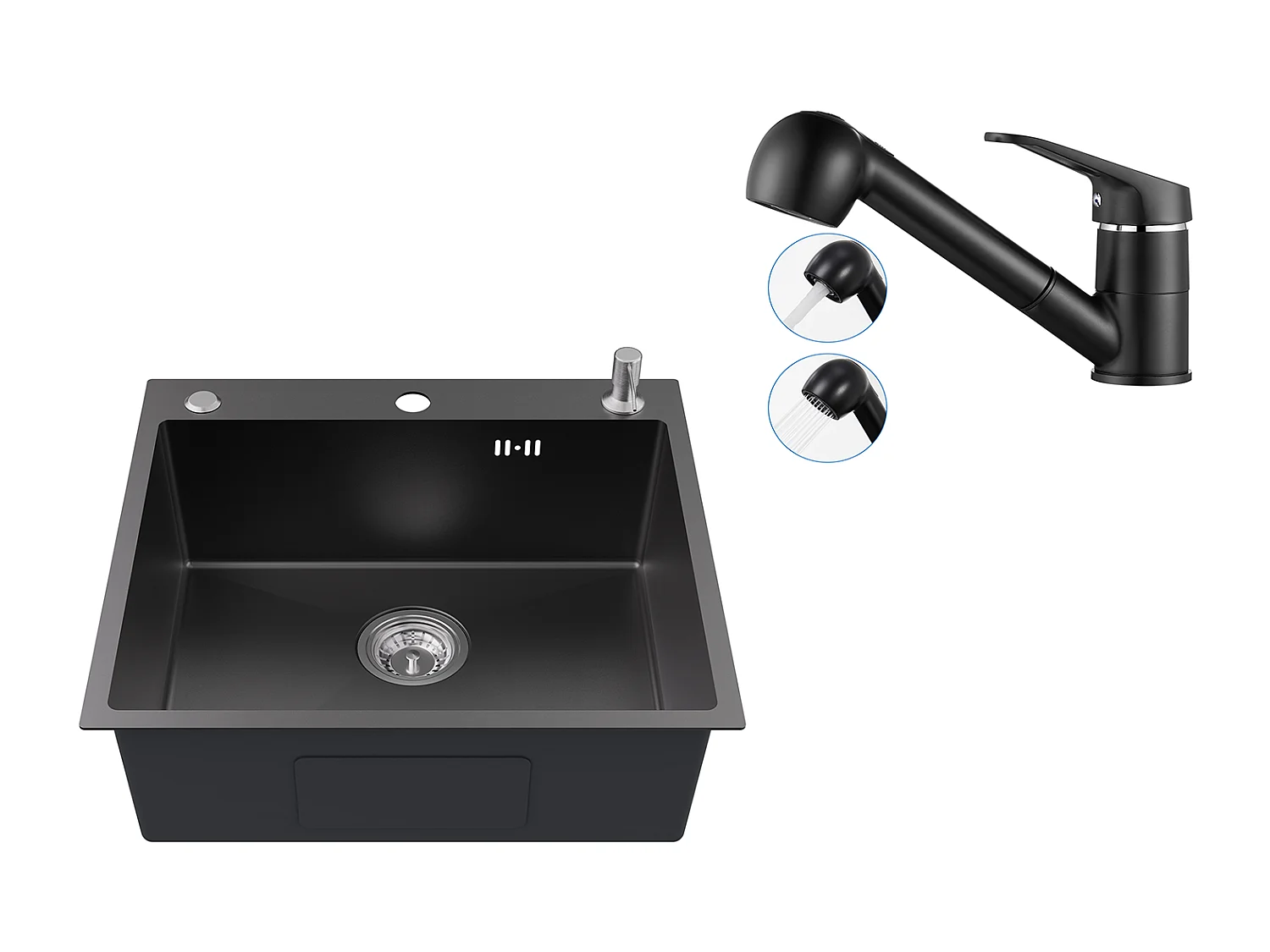 Evier Cuisine 1 Bac 54*49*20 CM,Inox,Noir Gris,Evier avec Distributeur Savon+Mitigeur Cuisine avec Douchette Extractible Rotatif 360°,Noir