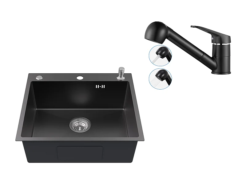 Evier Cuisine 1 Bac 54*49*20 CM,Inox,Noir Gris,Evier avec Distributeur Savon+Mitigeur Cuisine avec Douchette Extractible Rotatif 360°,Noir