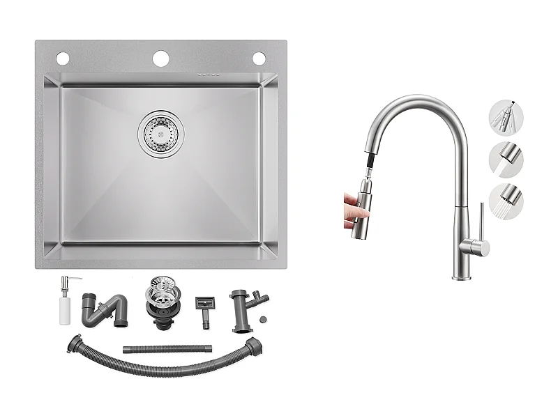 Fregadero Cocina 54*49*20 CM,Empotrable/a FlEur de Plan con Dispensador de Jabón, Plata + Grifo Cocina con Ducha Extragible, 2 Jets,Cepillado