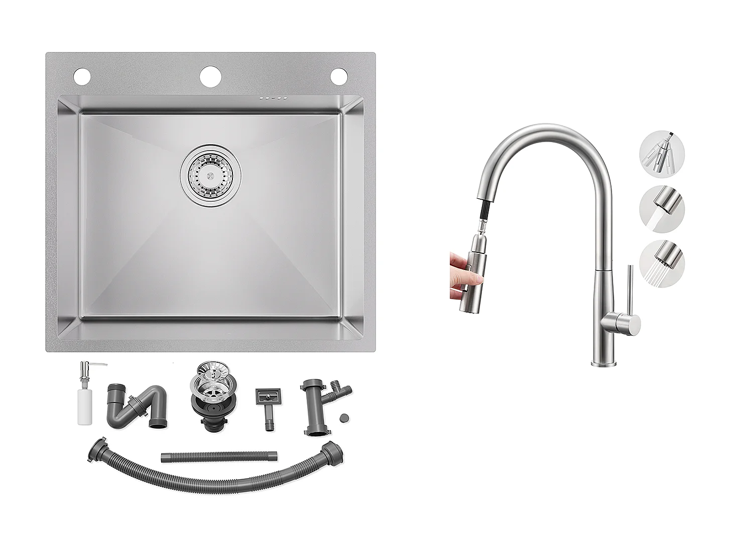 54*49*20 CM keuken spoelbak, inbouw/blad met zeepdispenser, zilver + keukenkraan met uittrekbare handdouche, 2 stralen, geborsteld