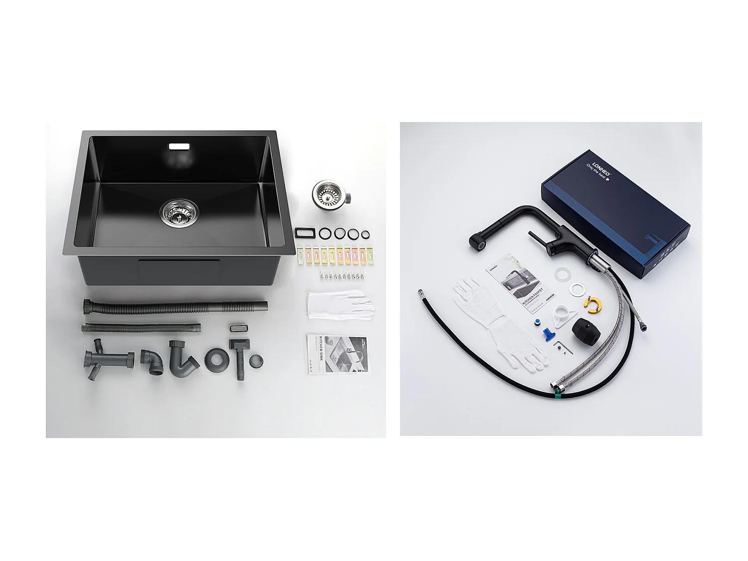 2 en1 Évier de Cuisine 1 Bac 55*44*19CM, à Encastrer/Fleur/ Sous-Plan, Noir + Robinet de Cuisine Inox Extractible Rotatif à 360 °, Noir