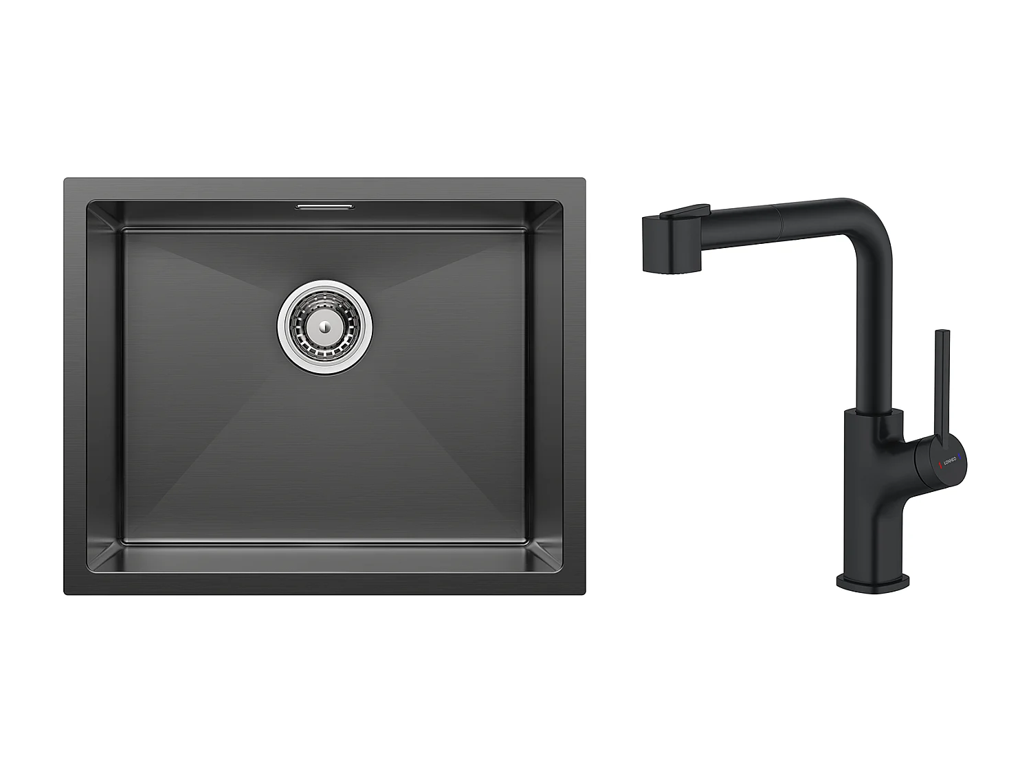 2 en1 Évier de Cuisine 1 Bac 55*44*19CM, à Encastrer/Fleur/ Sous-Plan, Noir + Robinet de Cuisine Inox Extractible Rotatif à 360 °, Noir