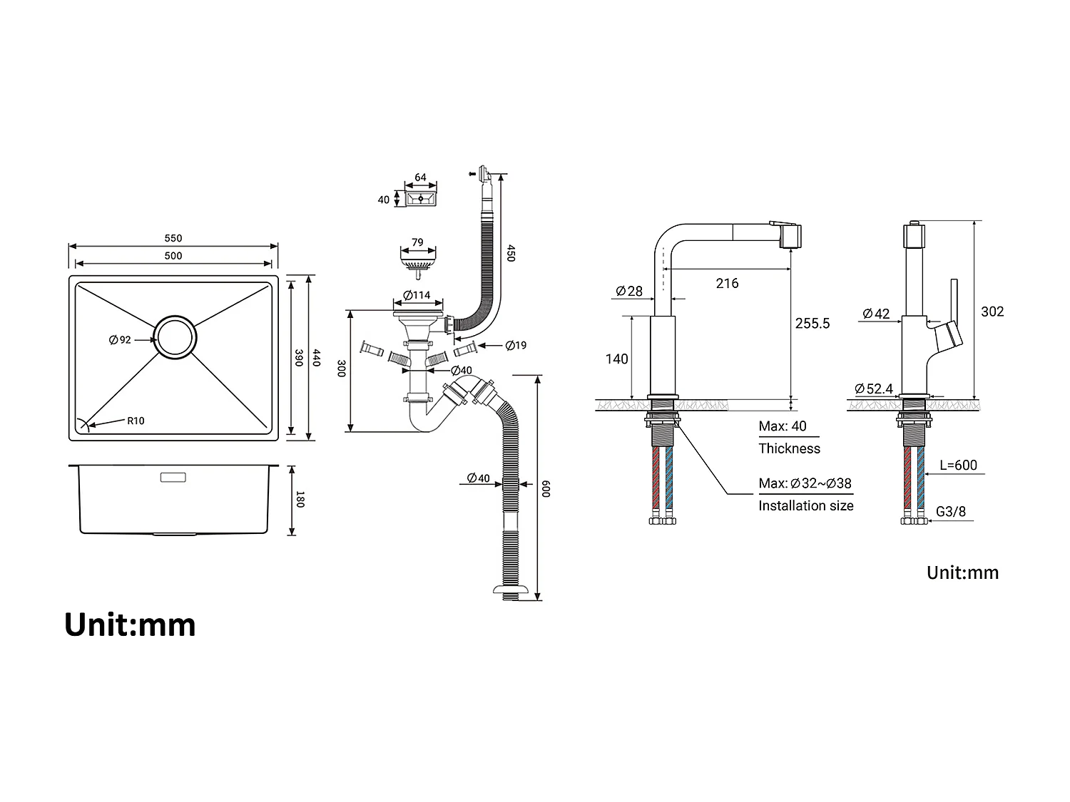 2 en1 Évier de Cuisine 1 Bac 55*44*19CM, à Encastrer/Fleur/ Sous-Plan, Noir + Robinet de Cuisine Inox Extractible Rotatif à 360 °, Noir