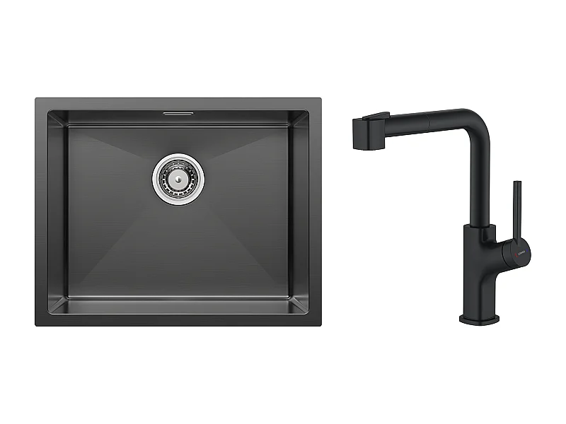 2 en1 Évier de Cuisine 1 Bac 55*44*19CM, à Encastrer/Fleur/ Sous-Plan, Noir + Robinet de Cuisine Inox Extractible Rotatif à 360 °, Noir