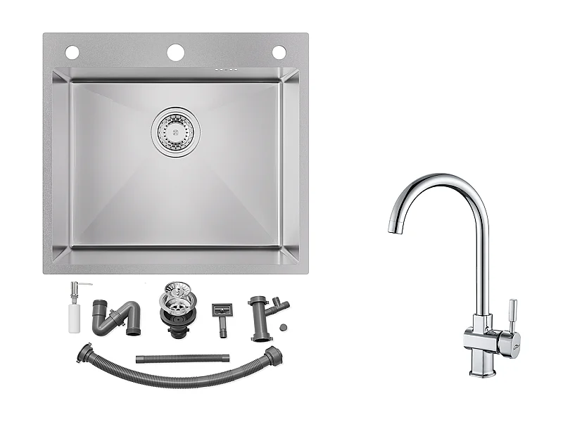 Lavello da cucina 54*49*20 CM, Con distributore di sapone, argento + rubinetto cucina cromato girevole a 360° acqua fredda / calda