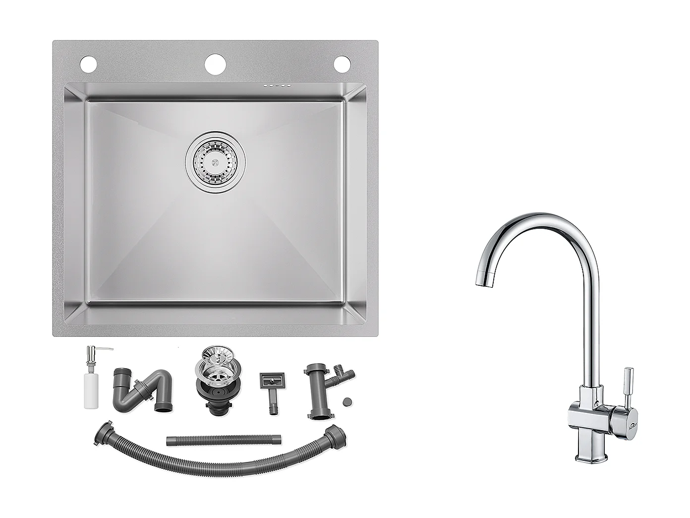 Lavello da cucina 54*49*20 CM, Con distributore di sapone, argento + rubinetto cucina cromato girevole a 360° acqua fredda / calda