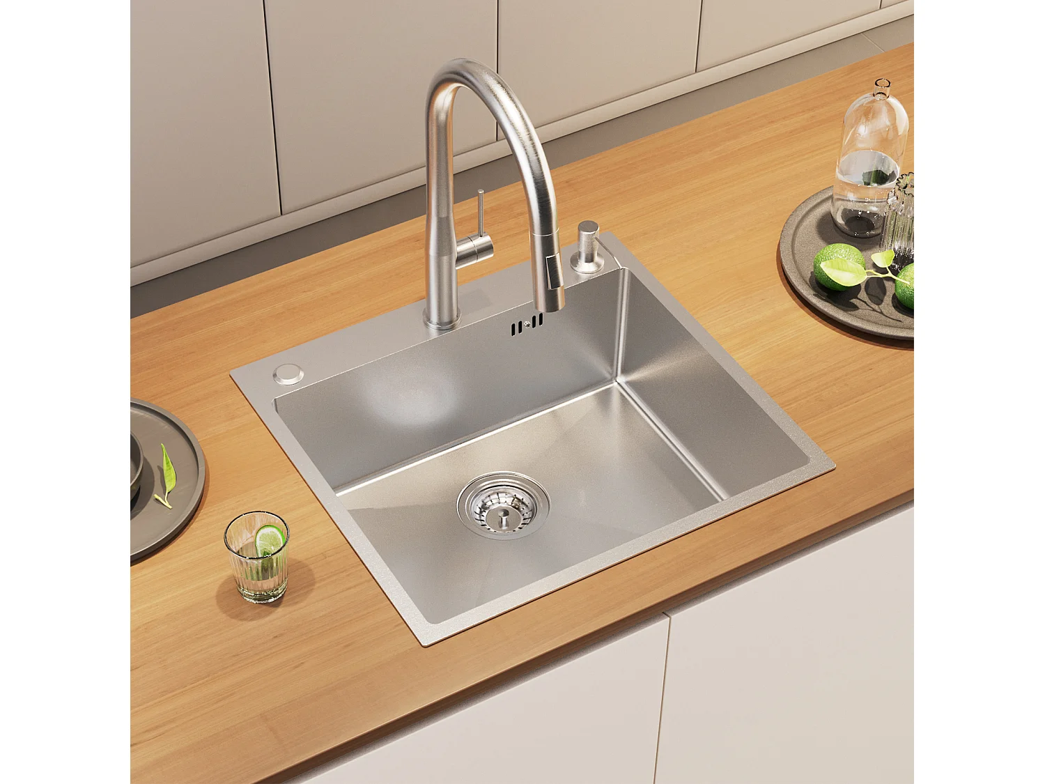 Evier Cuisine 54*49*20 CM,à Encastrer/à Fleur de Plan avec Distributeur Savon,Argent+Robinet Cuisine Chromé Pivotant à 360° Eau Froide /Chaude