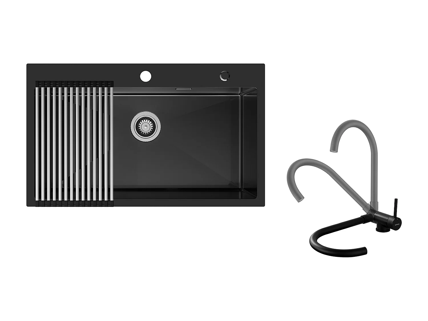 Auralum MAX Évier de Cuisine 1 Bac 75 x 45 cm,Évier Inox Noir avec Égouttoir Pliable+Mitigeur Cuisine,Acier Inox 304 Rabattable Pivotant à 360°,Noir