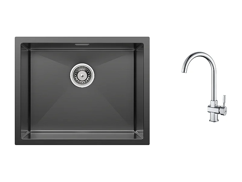 2-in-1-Küchenspüle mit Einzelbecken, 55 x 44 x 19 cm, Einbau-/Blumen-/Unterbauspüle, schwarz + 360° schwenkbarer Küchenhahn für Kalt-/Warmwasser, Chrom