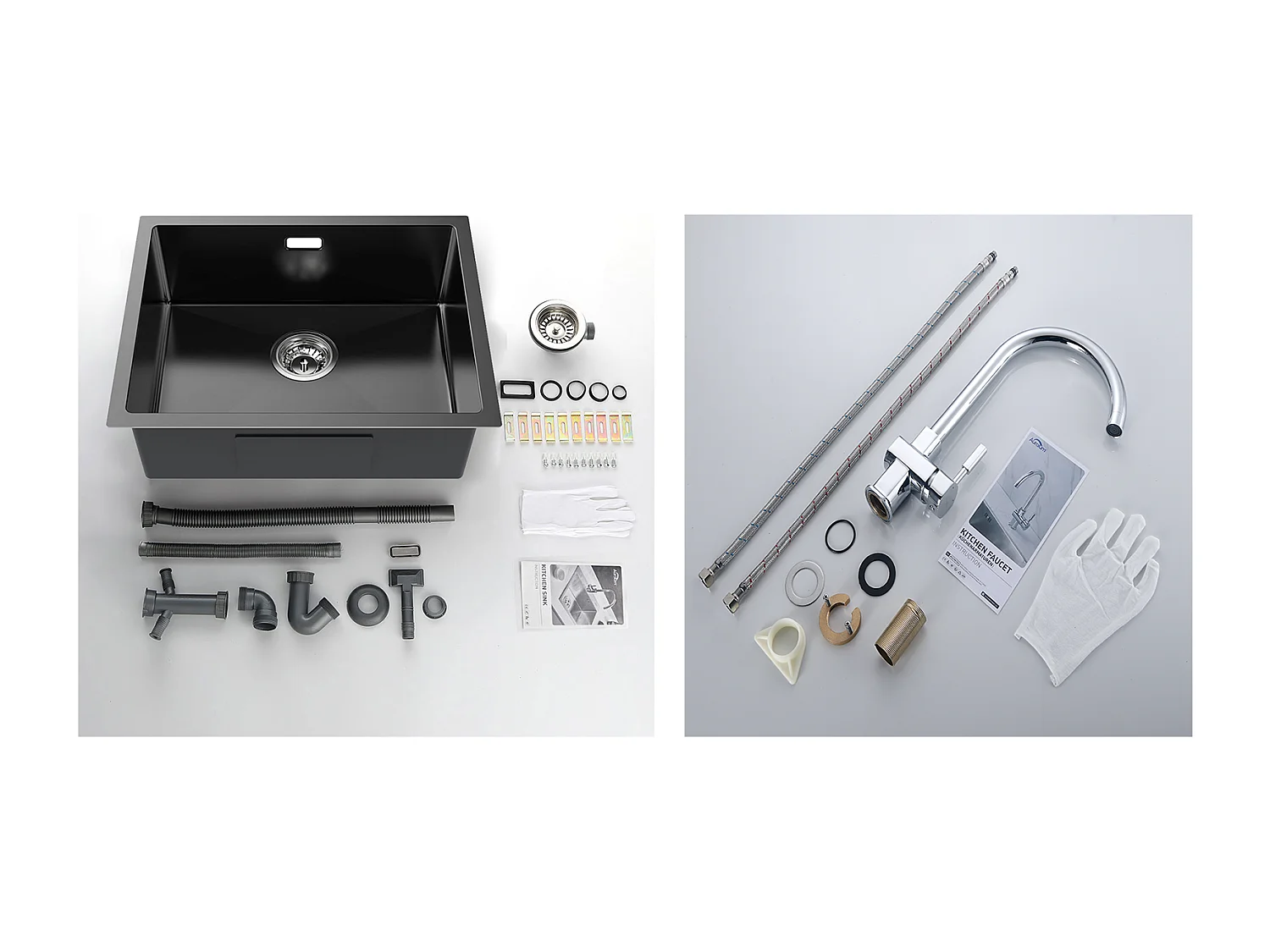2-in-1-Küchenspüle mit Einzelbecken, 55 x 44 x 19 cm, Einbau-/Blumen-/Unterbauspüle, schwarz + 360° schwenkbarer Küchenhahn für Kalt-/Warmwasser, Chrom